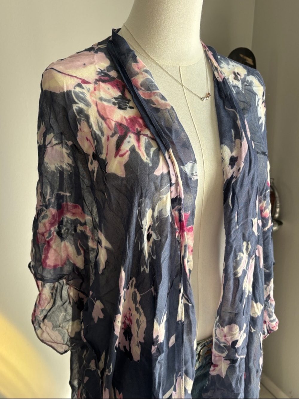 Floral Navy Lightweight Wrap Scarf with Pink Accents